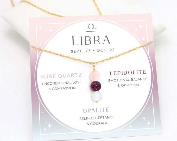 Libra Crystal Necklace, Custom Zodiac Pendant, Rose Quartz Opal Beaded Gemstone Birthstone Necklace, October Birthday Gift Horoscope Jewelry