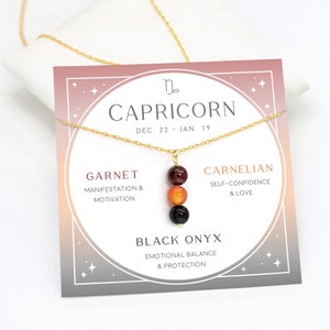 Collier Capricorne, pendentif en cristal du zodiaque personnalisé, grenat cornaline onyx noir, collier de perles fait main, carte de bijoux cadeau d'anniversaire de janvier