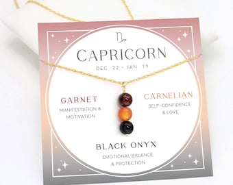 Capricorn Necklace, Custom Zodiac Crystal Pendant, Garnet Carnelian Black Onyx, Handmade Beaded Necklace, Jewelry Card January Birthday Gift