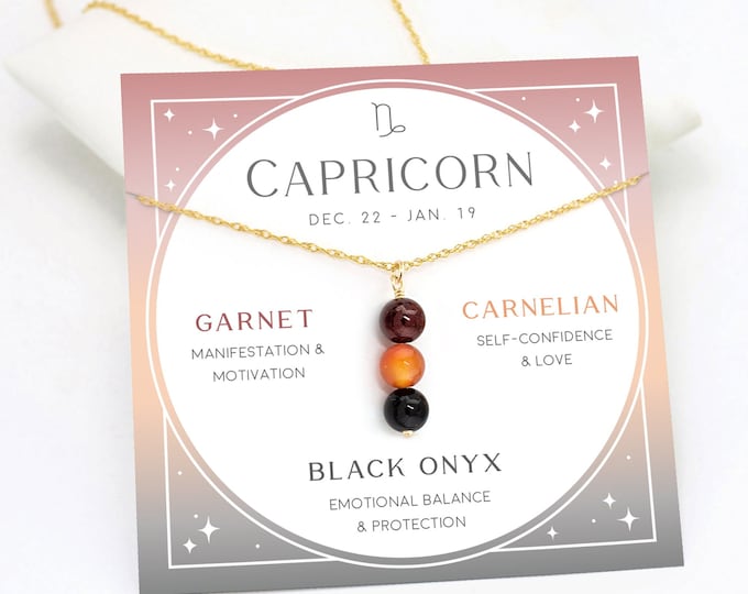 Capricorn Necklace, Custom Zodiac Crystal Pendant, Garnet Carnelian Black Onyx, Handmade Beaded Necklace, Jewelry Card January Birthday Gift