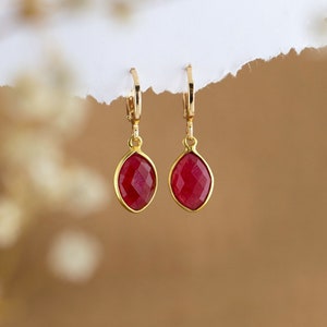 Red Ruby Huggie Hoops, July Birthstone Huggies, Tiny Hoops with Dangle Gemstone Charm, Summer Jewelry Birthday Gift for Daughter Sister BFFs