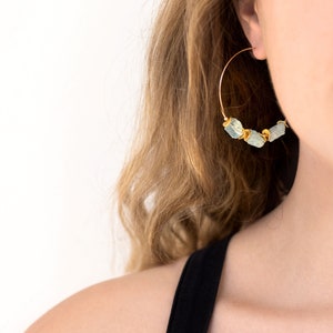 Aquamarine Hoops, Raw Crystal Earrings, Boho Statement Jewelry, Chunky Gold Filled Charm Hoops, March Birthstone Gift, Birthday Gift Ideas