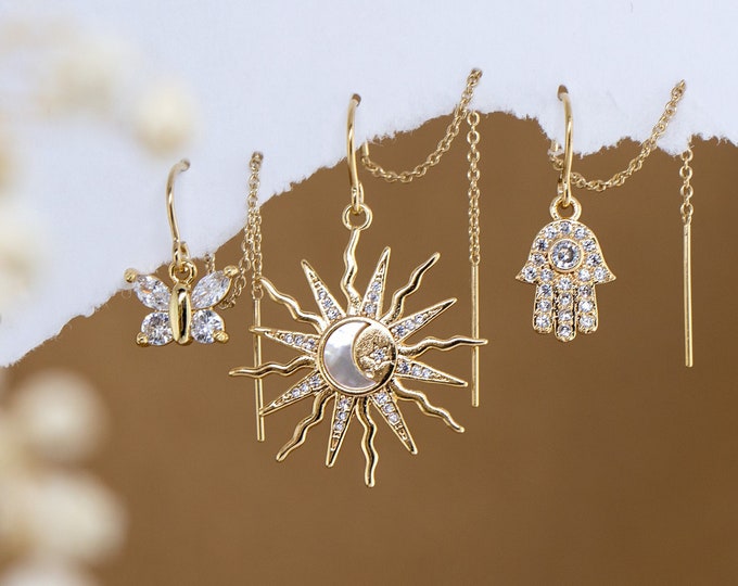 Gold Mix and Match Threader Earrings, Fun Celestial CZ Minimalist Everyday Earrings, Butterfly, Sun and Moon, Hamas Hand charm Earrings