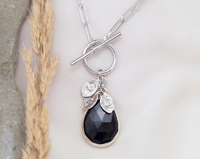 Custom Gemstone Paperclip Charm Necklace, Personalized Layering Toggle Necklace Black Onyx Pendant, Name Initial Charms, Chunky Silver Chain