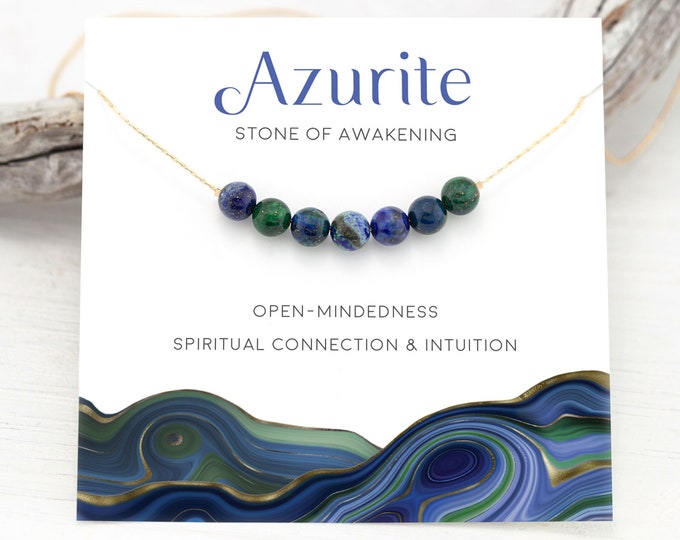 Azurite Malachite Necklace, Stone of Awakening Round Prayer Beaded Bar Crystal Energy Necklace, Dainty Gemstone Choker, Yoga Necklace Gift