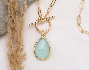 Paperclip Toggle Necklace with Aquamarine Pendant, Custom Birthstone Charm Necklace, Christmas Gift for Daughter, Trendy Statement Choker