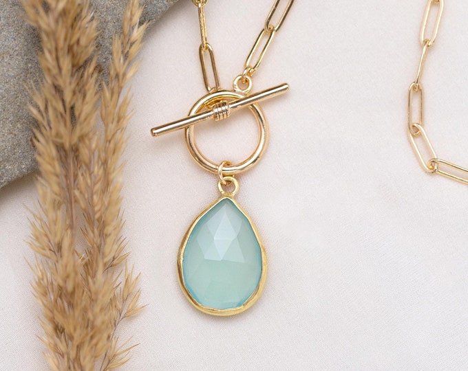 Paperclip Toggle Necklace with Aquamarine Pendant, Custom Birthstone Charm Necklace, Christmas Gift for Daughter, Trendy Statement Choker
