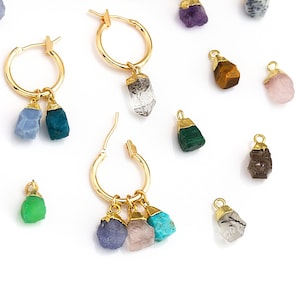 Huggie Earrings with Charm, Handmade Fun Cute Summer Earrings for Her, Multi Stone Hoops, Add On Raw Crystal charms for Huggie hoop earrings
