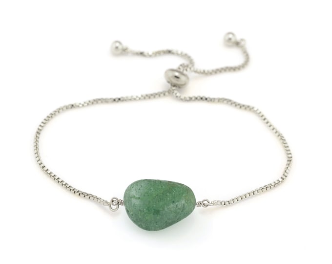 Green Aventurine Crystal Bracelet, Silver Adjustable Minimalist Gemstone Stacking Bracelet, Jade Good Luck Positive Energy Jewelry, Pull Tie