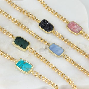 Raw Emerald Cuban Link Chain Choker, Gold Thick Curb Chain Choker, Turquoise, Opal Necklace, Birthday Gift For Her, Statement Jewelry