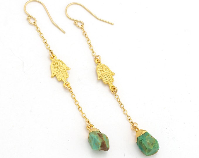 Rough Turquoise Earrings, Long Gold Lucky Hamsa Hand Charm Earrings, December Birthstone Earrings,  Crystal Long Green Earrings