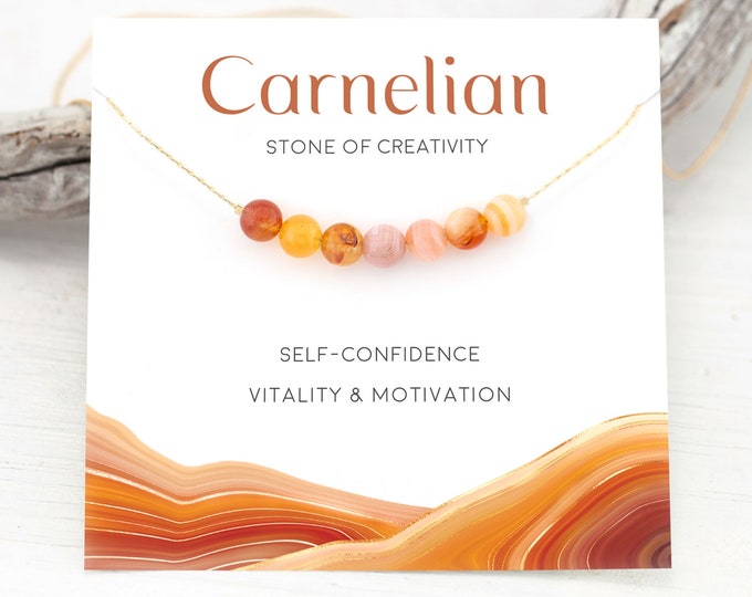 Beaded Orange Carnelian Necklace, Carnelian Crystal Necklace, Motivational Encouragement, Genuine Gemstone Bar Choker, Layering Necklace