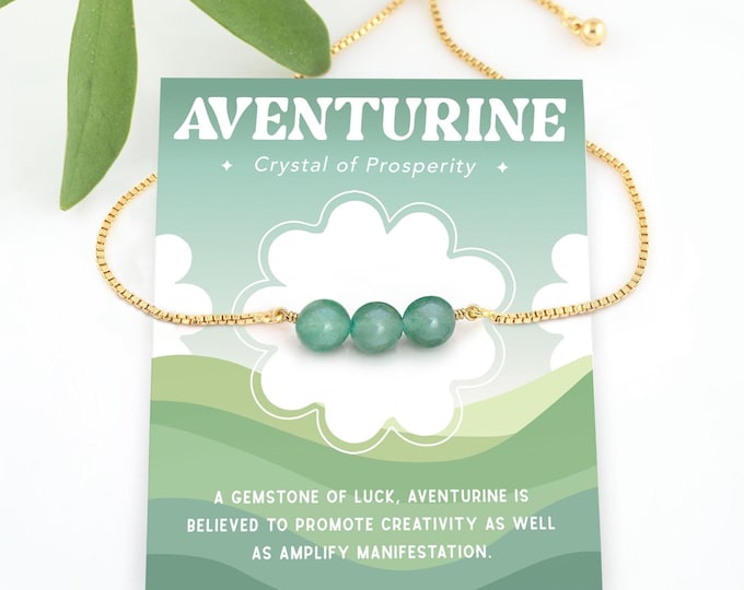 Crystal Gift Bracelet, Green Aventurine Gemstones of Luck Prosperity Manifestation, Adjustable Box Chain Stacking Bracelet, Stocking Stuffer