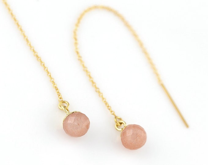 Blush Pink Moonstone Earrings, Natural Peach Moonstone Threaders, June Birthstone Gift, Bridesmaid Dangle Earrings, Faceted Gem Sphere Drop