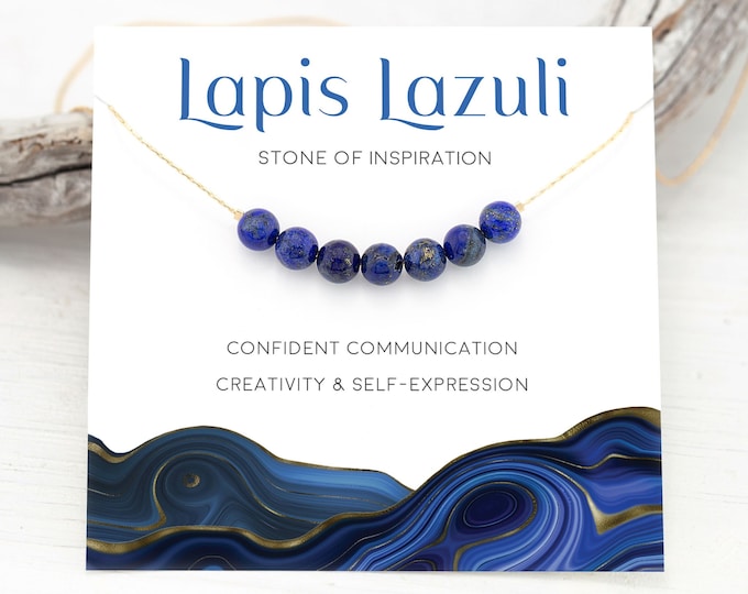 Lapis Lazuli Beaded Bar Necklace, September Birthstone Gift, Boho Gold Layering Choker, Inspirational  Crystals, Genuine Gemstones