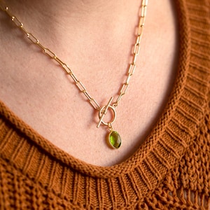 Paperclip Toggle Necklace with Birthstone Charm, Gold Silver Chunky Chain Link Layering Statement Necklace, Trendy Summer Jewelry, August
