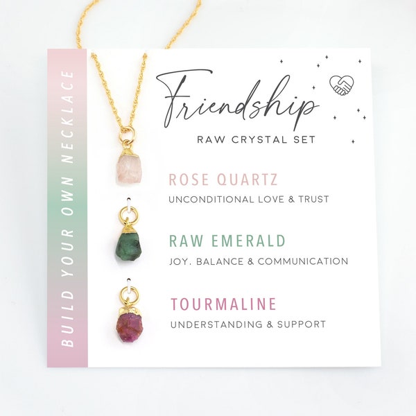 Friendship Crystal Necklace, Raw Crystal Set Real Gemstone Jewelry, Unique BFF Sister Bridesmaid Gift, Rose Quartz Dainty Gold Filled Chain