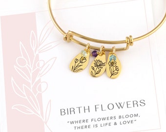 Personalized Birthday Gift, Birth Month Flower & Birthstone Charm Bracelet, Personalized Family Bracelet for Mom, Gold Floral Bangle
