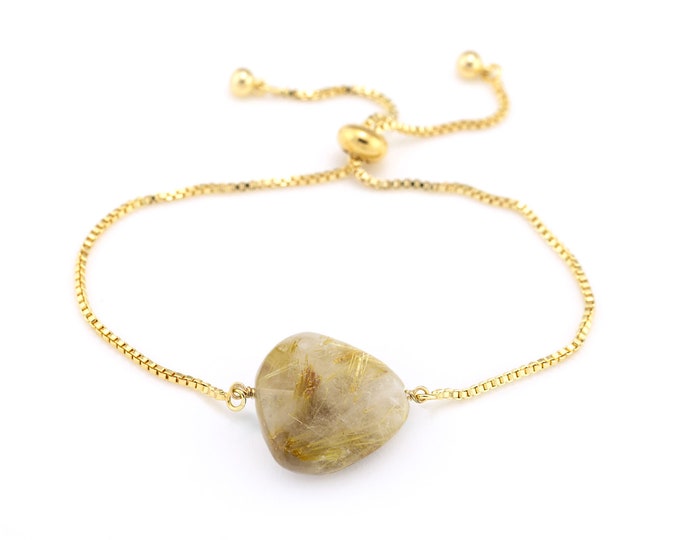 Gold Rutilated Quartz Bracelet, Positive Energy Crystal Gift, Natural Gemstone Jewelry, Gold Adjustable Stacking Bracelet, Box Chain Charm