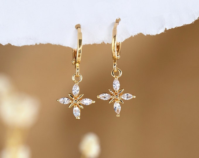 Floral CZ Hoops, Dainty Starburst Diamond Drop Huggies, Huggie Hoops Earrings with Charm, Simple Bridal Jewelry Gift, Tiny Gold Dangle Hoops