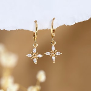 Floral CZ Hoops, Dainty Starburst Diamond Drop Huggies, Huggie Hoops Earrings with Charm, Simple Bridal Jewelry Gift, Tiny Gold Dangle Hoops