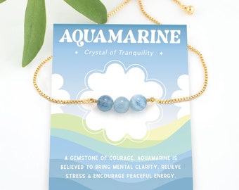 Dainty Aquamarine Bracelet, Crystal of Tranquility Courage & Peace, March Birthstone Jewelry Gift, Natural Beaded Gemstone Stacking Bracelet