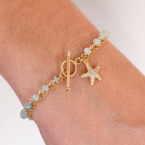 Dainty Aquamarine & Starfish Charm Bracelet, Beaded Gemstone Toggle Bracelet, Beachy Jewelry Trends, Summer Jewelry, Birthstone Gifts