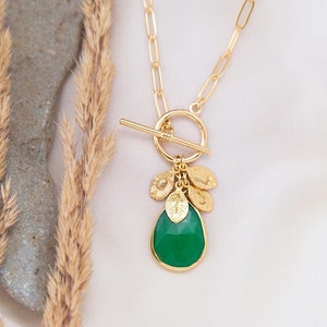 Custom Charm Necklace, Paperclip Chain Toggle Clasp Layering Necklace, Initial Monogram Name Charms, Birthstone Gemstone Pendant Silver Gold