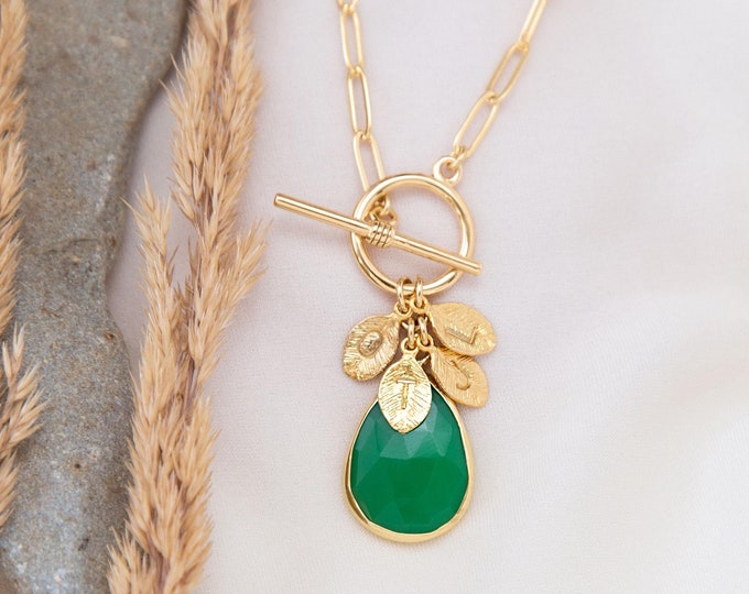 Custom Charm Necklace, Paperclip Chain Toggle Clasp Layering Necklace, Initial Monogram Name Charms, Birthstone Gemstone Pendant Silver Gold