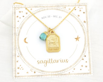 Zodiac Gift for SAGITTARIUS, Horoscope Necklace Gold, Raw Turquoise Gemstone, Gift for Teenage Girl, Ready to Gift Meaningful Jewelry