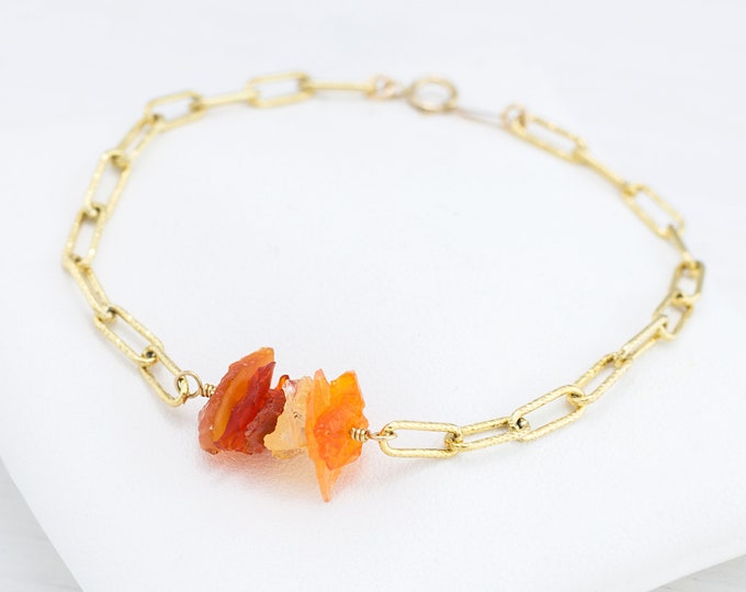 Rough Raw Fire Opal Bracelet, October Birthstone,  Crystal Bracelet, Gold Statement Chunky Link Chain,  Rough Raw Stones