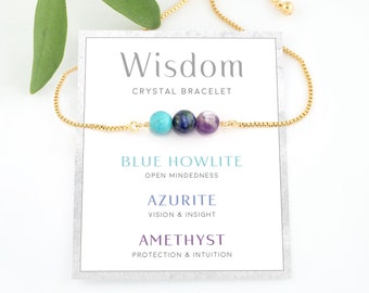 Wisdom Crystal Bracelet, Best Friend Gift, Gift for a Teacher, Adjustable Gold Bracelet,  Crystal Set for Support, Encouragement Gift