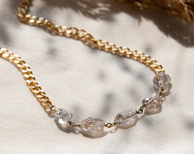 Raw Cut Diamond Necklace, Unique Herkimer Diamond Beaded Choker, Trendy Modern Bridal Jewelry, Curb Layering Thick Link Chain Necklace, Boho