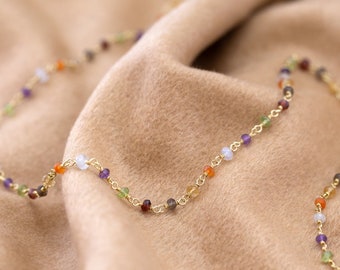Colorful Beaded Crystal Necklace, Multicolored Real Rainbow Gemstone Layering Chain Choker, Wire Wrapped Rosary, Birthday Gift Mom Daughter