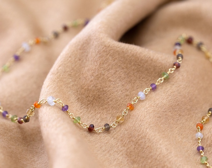 Colorful Beaded Crystal Necklace, Multicolored Real Rainbow Gemstone Layering Chain Choker, Wire Wrapped Rosary, Birthday Gift Mom Daughter