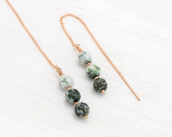 Genuine Gemstone Earrings, Dainty Tree Agate Moss Threaders, 14k Rose Gold Filled, Healing Jewelry Gift, Dark Green Natural Stone, Boho Gift