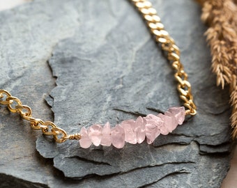 Chunky Rose Quartz Necklace, Natural Raw Crystals Thick Gold Curb Link Chain, Toggle Necklace Stacking Layering, Birthday Gift for Daughter