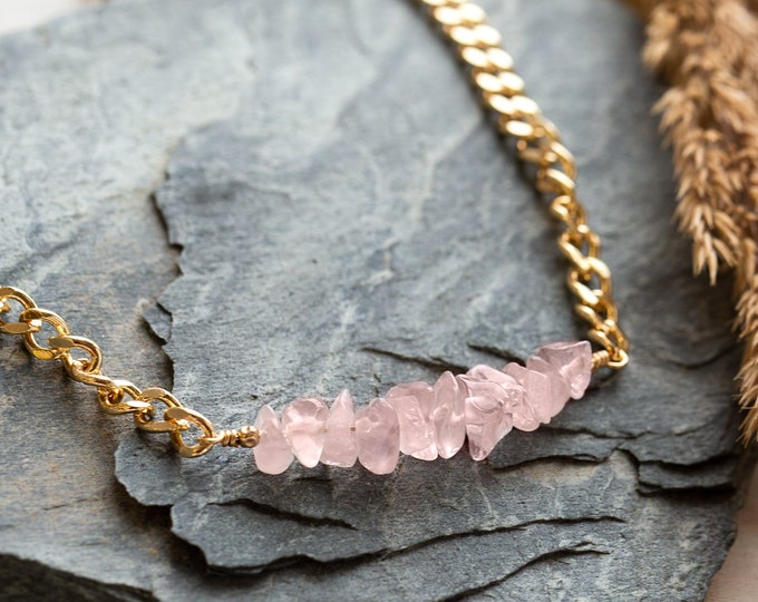 Chunky Rose Quartz Necklace, Natural Raw Crystals Thick Gold Curb Link Chain, Toggle Necklace Stacking Layering, Birthday Gift for Daughter