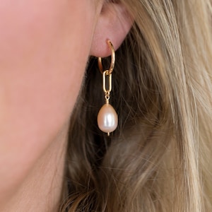 Dangling Pearl Hoops, Blush Pink Pearl Gold Huggies, Natural Baroque Freshwater Pearls, Bridesmaid Minimalist Lightweight Bridal Earrings