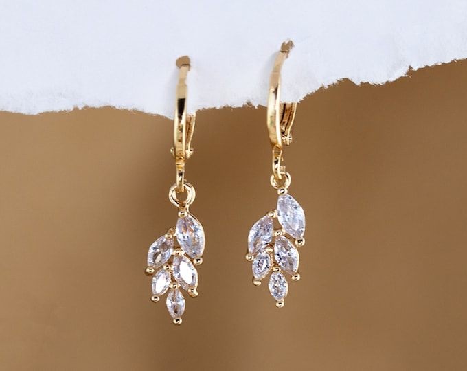 Tiny CZ Leaf Hoops, Gold Stacking Huggies, Cubic Zirconia Dangle Charm Earrings, Bridesmaid Gift Wedding Day Jewelry, Birthday Gift for Her