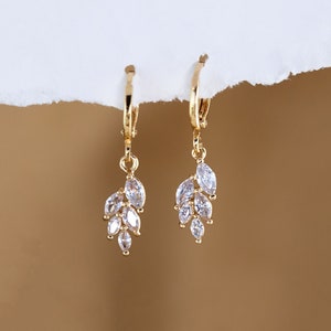 Tiny CZ Leaf Hoops, Gold Stacking Huggies, Cubic Zirconia Dangle Charm Earrings, Bridesmaid Gift Wedding Day Jewelry, Birthday Gift for Her