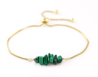 Green Beaded Malachite Bracelet, Genuine Rough Cut Gemstones, Beaded Bar Layering Bracelet Gold, Trendy Jewelry,  Crystal Gift