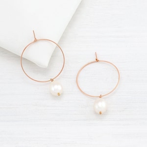 Pearl Hoop Earrings, Bridal Jewelry, Rose Gold Hoops, Minimalist Jewelry, Bridesmaid Gifts, Natural Freshwater Pearl Drop Earring, June Gift