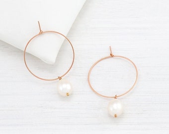 Pearl Hoop Earrings, Bridal Jewelry, Rose Gold Hoops, Minimalist Jewelry, Bridesmaid Gifts, Natural Freshwater Pearl Drop Earring, June Gift