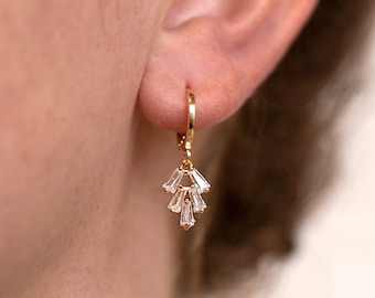 Minimalist CZ Crystal Huggies, Bridal Party Gifts, Simple Bridesmaid Dangle Drop Earrings, Lightweight Everyday Stacking Art Deco Charm Hoop