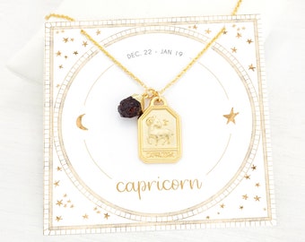 Gift for Teenage Girl, Horoscope Capricorn Charm Necklace, Celestial Zodiac Raw Rough Garnet Crystal Astrology Birthstone Pendant