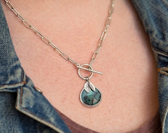 Gemstone Charm Necklace, Christmas Gift for Mom, Silver Paperclip Toggle Emerald Pendant, Custom Charms with Kid's Initials, Daughter Gifts