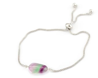 Natural Fluorite Crystal Bracelet, Adjustable Silver Chain, Everyday Stacking Bracelet, Birthday Gift for Her, Calming Rainbow Stone, Summer