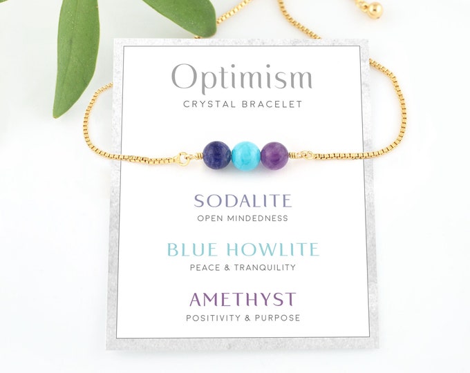 Optimism Bracelet, Sodalite Howlite Amethyst Crystal Set, Bracelet With Card Uplifting Gift for Friends / Daughters, Natural Gemstones