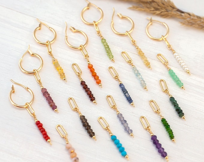 Beaded Crystal Hoops, Tiny Gemstone Bar Dangle Customizable Charm Earrings, Everyday Huggie Hoops Gold, Birthstone Jewelry Gift for Friends